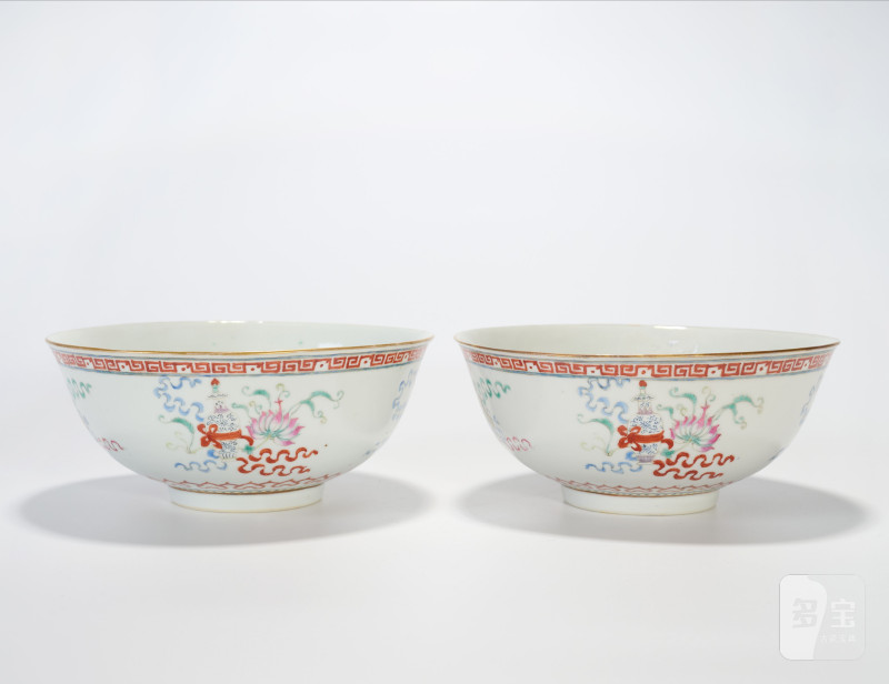 Lot834 清光绪 粉彩八宝纹碗一对 - 图2